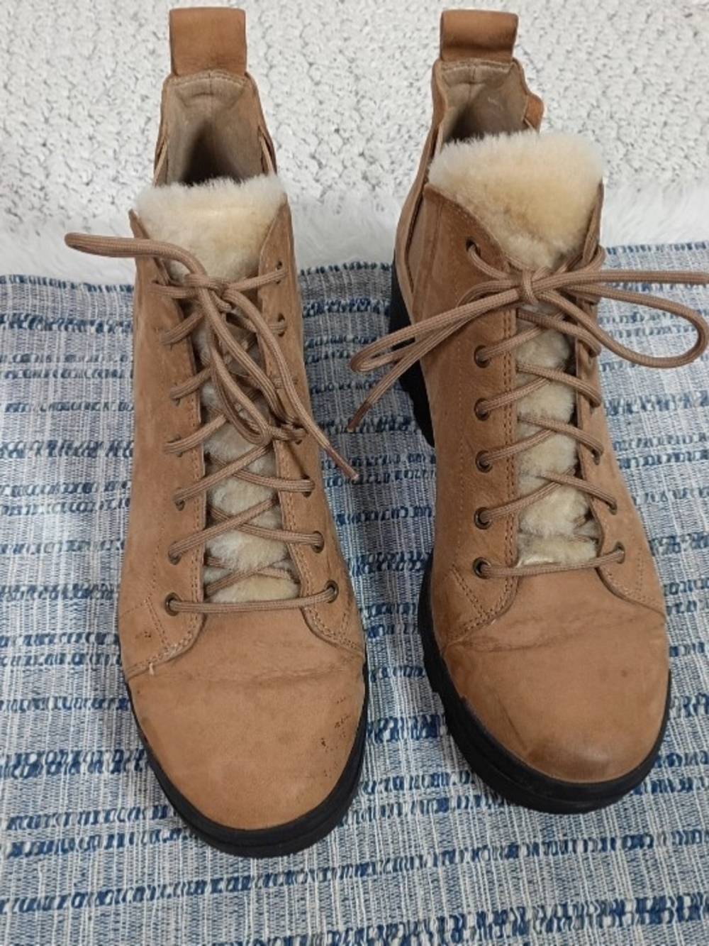 Eileen Fisher Women’s Tan Suede Platform Shearling-Lined Tongue Lace-Up Boots, 9